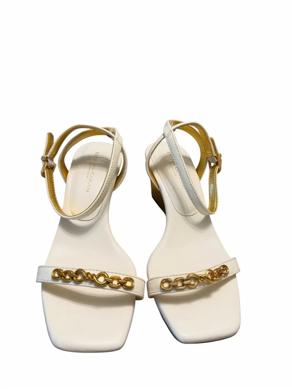 Donna Karan NY White Leather Gold Chain Wedge Sandals NWOB Size 8.5